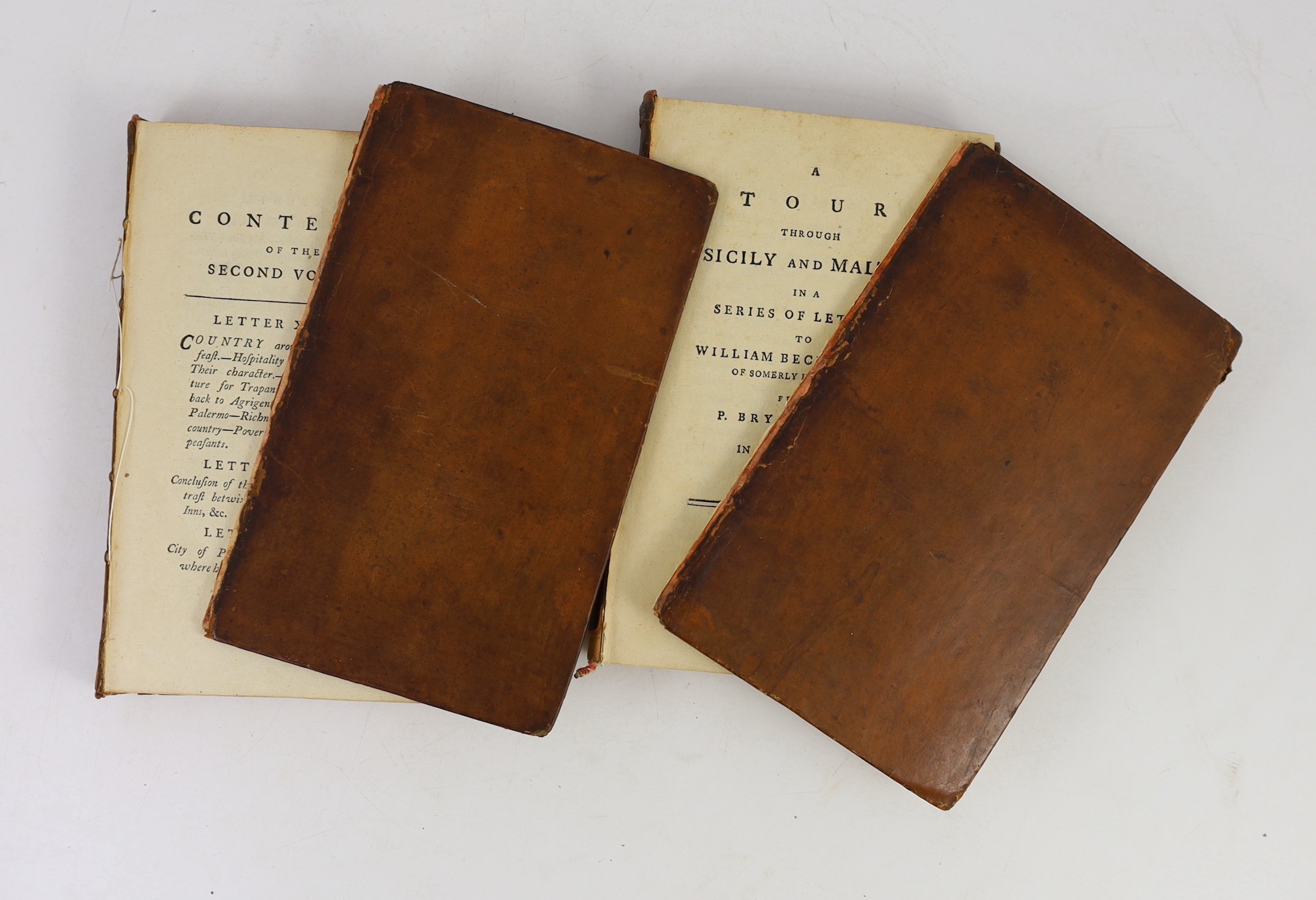 Brydone, Patrick - A Tour through Sicily and Malta. In a series of letters to William Beckford ,Esq. ... First edition, 2 vols, half title, errata leaf; old calf with panelled spines (distressed). 1773